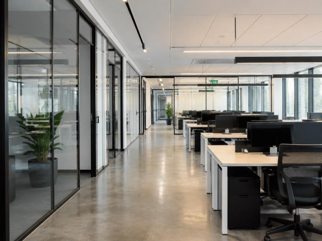 Spotless open-plan office with polished floors after a commercial clean