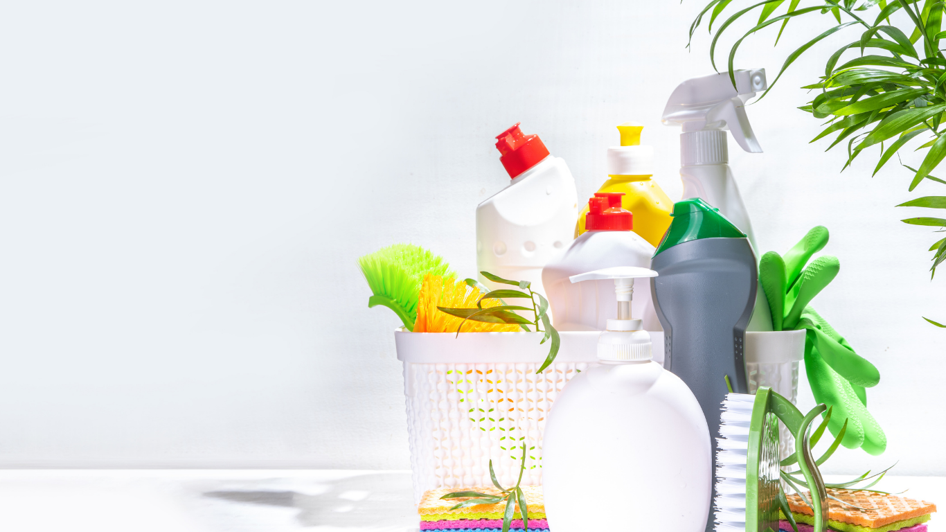 Eco-friendly cleaning supplies, sprays, gloves and brushes used by JK Fresh Air