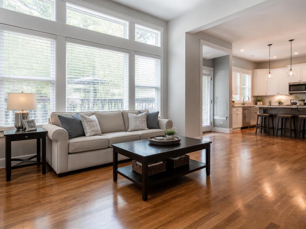 Freshly cleaned living room with gleaming hardwood floors in a Lexington home